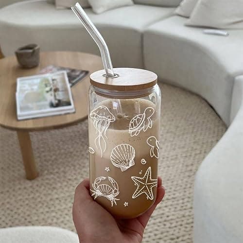 Mikopei Beach Gifts for Women - Ocean Animals Glass Cup with Lid and Straw, Cleaning Brush, Beach Room Decor, Coastal Decor for Home, Beachy Decorations, Iced Coffee Cup Tumbler, 16 oz thumbnail 6