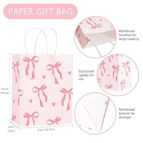 Loveinside Light Pink Bow Paper Gift Bags, Bow Ribbon and Heart Design with Handles Grocery Shopping Bags Candy Goodie Bags for Baby Shower, Birthday, Wedding, Anniversary, 8" x 4" x 10", 12 Pcs thumbnail 2