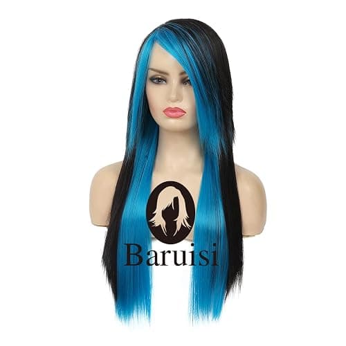 Baruisi Long Blue Black Wig Silky Straight Synthetic Heat Resistant Side Bangs Halloween Costume Hair Wigs for Women Girls thumbnail 3