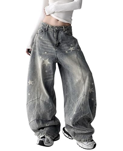 BeRamg Baggy Jeans Women Girls Star Printed Barrel Jeans Low Rise Cute Grunge Denim Pants Emo Clothes thumbnail 3