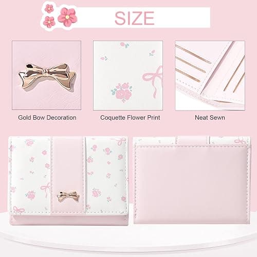 Modacarry Small Wallet Floral Coquette Bow Wallet Cute Wallet ID 7 Credit Card Slots for Women Girls (PINK) thumbnail 5