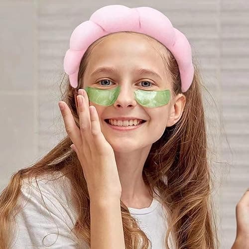 Luckybear Spa Headband for Washing Face, Velvet Makeup Headband, Bubble Skincare Head bands with Face Wash Wristbands Sponge Puff Head band for Women Skin Care - Green thumbnail 5