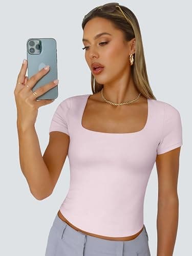 Trendy Queen Short Sleeve Shirts for Women Double Lined Square Neck Cute Going Out Crop Tops Spring Summer Teens Basic Tees thumbnail 6