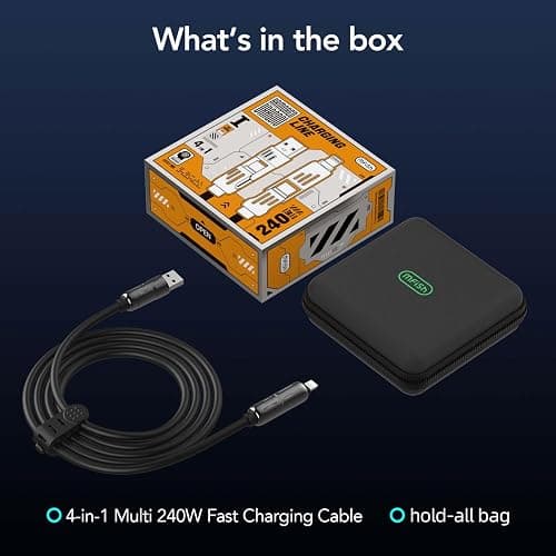 MFish 4-in-1 USB Charging Cable with Carrying Case, 240W Fast Charger Cord, USB-A & Dual USB-C to USB-C/Lightning, for iPhone 17/16/15/14, iPad, MacBook & More (Rich Black) thumbnail 10