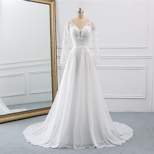 Findlovewedding Wedding Dresses for Bride with Lace Appliques Chiffon A Line Women Dress Long Sleeves Beach Bride Dress thumbnail 2