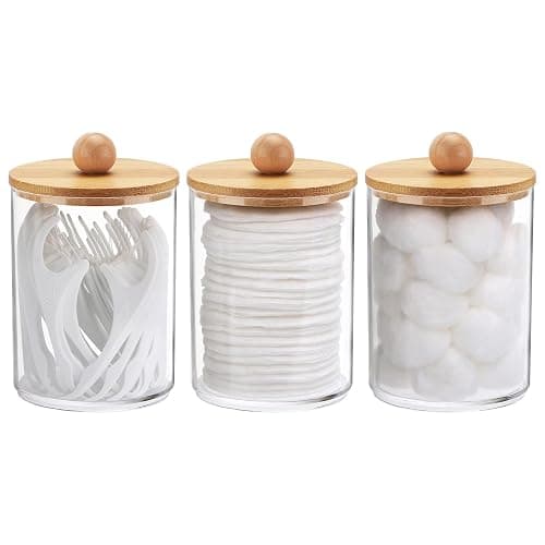 Tbestmax 10 Oz Cotton Swab/Ball/Pad Holder, Qtip Apothecary Jar, Clear Bathroom Containers Dispenser for Storage 3 Pack Wood Lids - Image 1