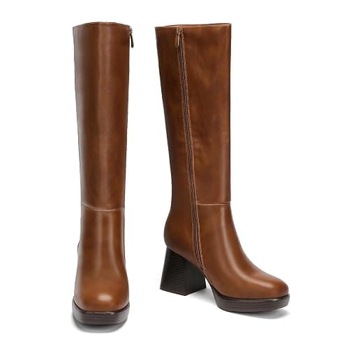 DOBOLIN Knee High Boots for Women, Wide Calf Platform Boots with Square Toe Chunky Block Heels, Tall PU Leather Fashion Booties thumbnail 4