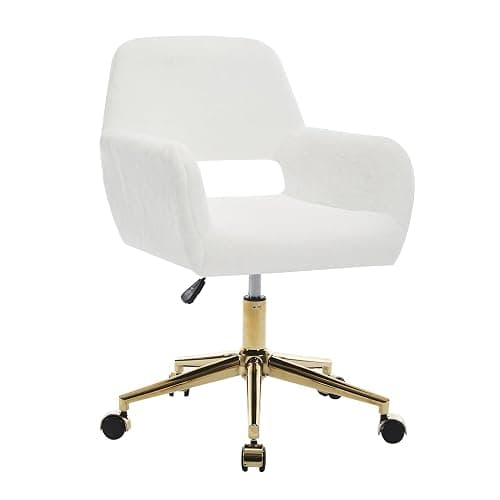 HENGJIANYI Faux Fur Swivel Desk Chair, Modern Fluffy Makeup Vanity Chair, Height Adjustable Armchair with Gold Base, Ergonomic Office Chair with Hollowed Back, White - Image 1