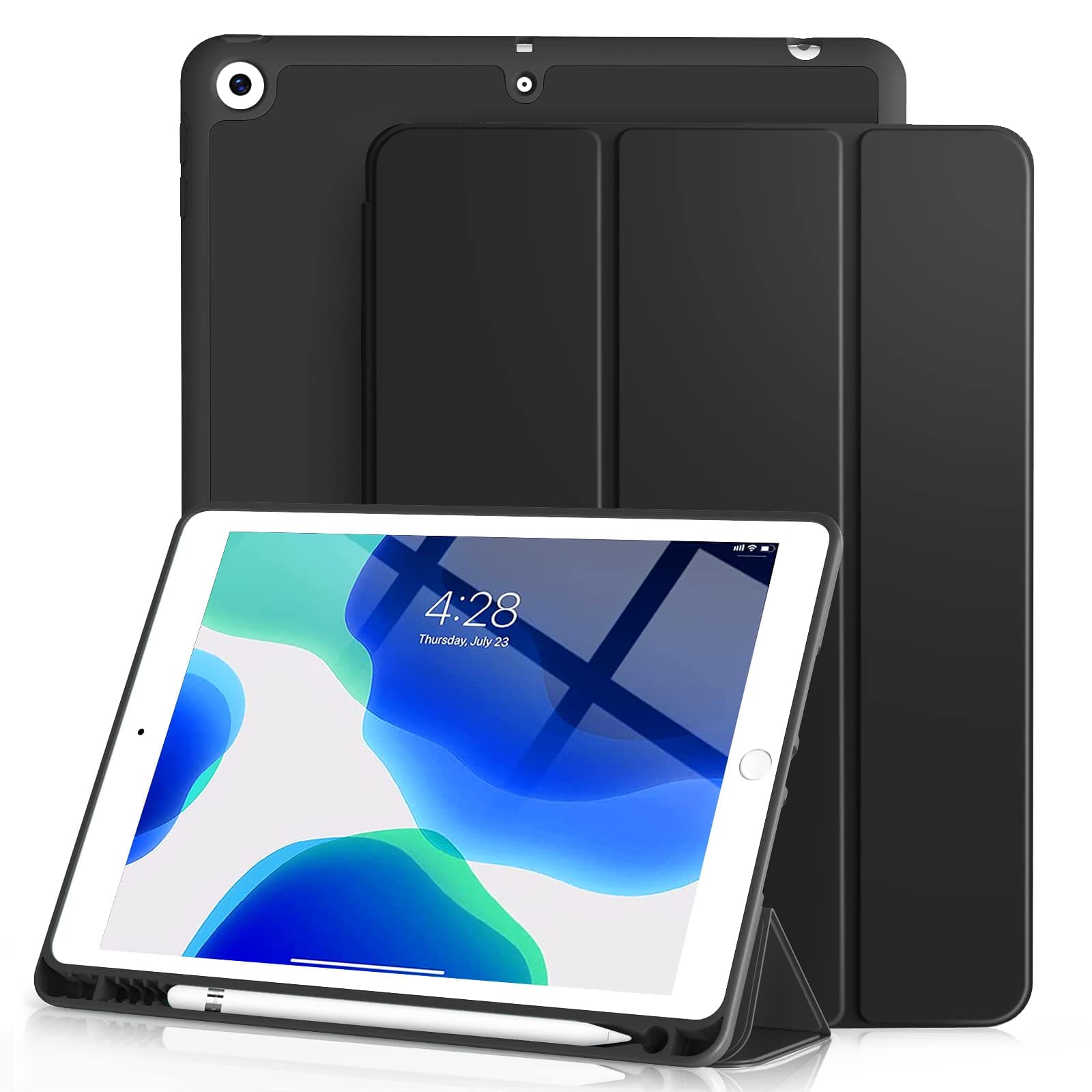 Aoub Case Compatible with iPad 10.2 Inch 2021/2020 iPad 9th/8th Generation & 2019 iPad 7th Generation with Pencil Holder, Protective Case with Soft TPU Back, Auto Sleep/Wake Cover, (Black) - Black - Image 1