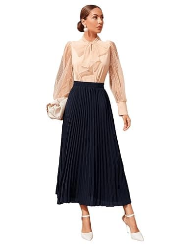 SweatyRocks Women's Casual Solid Longline Pleated Long Skirt thumbnail 5