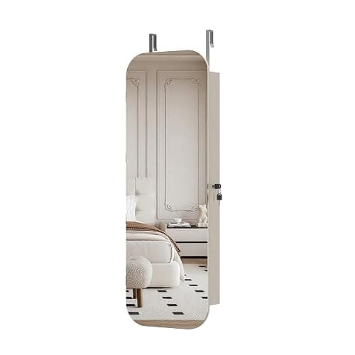 Noeko Jewelry Cabinet Wall/Door Mounted, Jewelry Armoire Organizer, 3.7 x 14.5 x 47.2 Inches Lockable Storage Cabinet, Interior Lighted Mirror, Gift Idea, White thumbnail 6