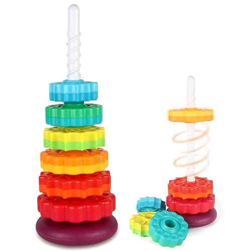 JUXUE Spinning Toy, Rainbow Stacking Toys for Toddlers 1-3, Ring Stacker Baby Toys 6 to 12 Months, 1 One Year Old Girl Boy Christmas Birthday Gifts, Montessori Autism Sensory Toy - Image 1