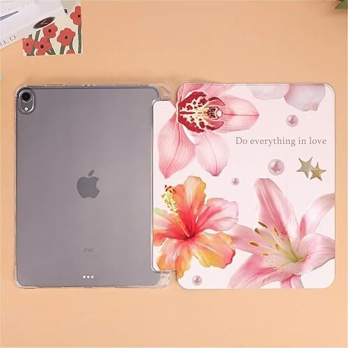 Pink Lilies and Hibiscus Flowers Case Compatible with IPad 9th 8th 7th Generation 10.9 Inch 2021/2019/2018,Funny Cover with Trifold Stand + Pencil Holder for Boys Girls,iPad Air6 11inch 2024 thumbnail 9