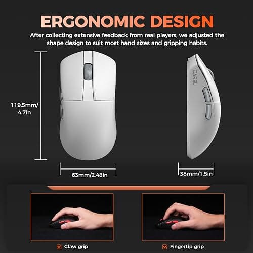 DAREU A950 Wing 8K Lightweight Wireless Gaming Mouse 1.23oz (35g), Custom PAW3950 30K Optical Sensor, Wired/Wireless Dual 8k Polling Rate, Symmetrical, 5 Programmable Buttons,70H Battery - White thumbnail 9