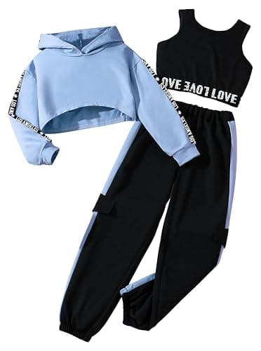 Hilinker Girls Graphic 3 Piece Outfits Workout Hoodie Crop Tank and Sweatpants Set - Image 1