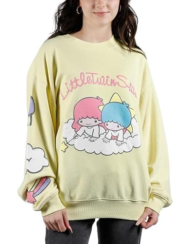 Bioworld Little Twin Stars Kissing The Moon Crew Neck Long Sleeve Yellow Adult Sweatshirt thumbnail 4