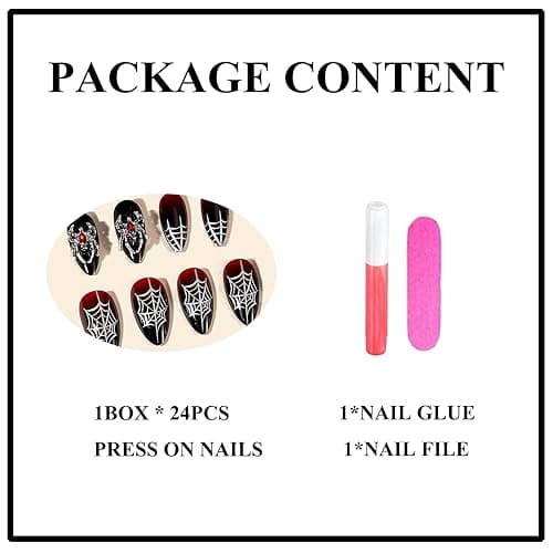 MERVF Almond Press on Nails Medium Fake Nails Red Black French Tip Ombre Glue ons 3D Spider Rhinestones Press ons Stiletto Acrylic False Nail with Web Design Glossy 24pcs thumbnail 5