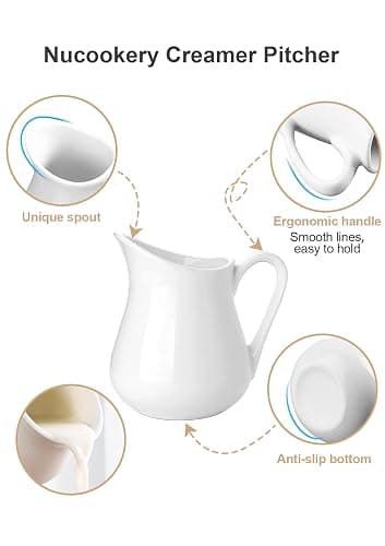 Nucookery 8 Oz Classic White Fine Porcelain Creamer with Handle,Small Creamer Pitcher For Sauces Salad Coffee Milk More,Microwave & Freezer Safe (8-Ounce, Set/1) thumbnail 7