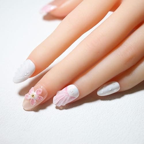 10 Short Almond Handmade Press On Nails | 3D Floral with Cute Water Drop Decor&Starfish&Seashell,New styles for Autumn & Winter | Skip Salon Trips, Easy to Apply & Remove, Reusable (Seashell（XS）, XS) thumbnail 3