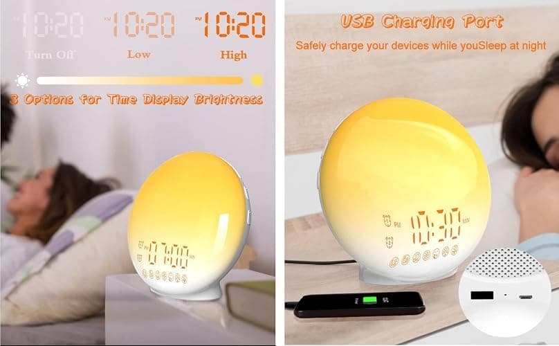 Tuerthy Reveil Lumineux, Réveil Intelligent pour Enfants Adultes, Reveil Matin Simulateur d'Aube et Crépuscule, Snooze,7 Sons Naturels, FM Radio Réveil, Veilleuse LED 7 Couleurs, Lampe de Chevet thumbnail 6