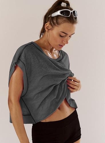 Kumufenc Women Short Sleeve Workout Shirts Open Back Tops Casual Yoga Y2k Athletic Gym Slouchy Crop Running Tees thumbnail 4