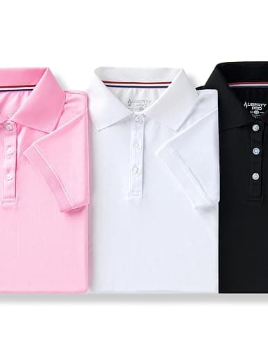 3 Pack Youth Girls' Performance Polo Shirts, Short Sleeve Pique Collared Kids School Uniform Tops - Pink/Black/White - Large thumbnail 6