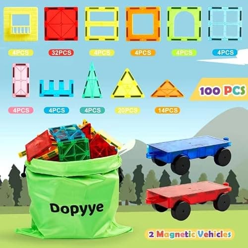 Dopyye Magnetic Building Tiles for Kids, 100 PCS Magnetic Blocks with Storage Bag, Magnet Tiles STEM Educational Stacking Toys Gift for Toddler Ages 3 4 5 6 7 8 9 thumbnail 3
