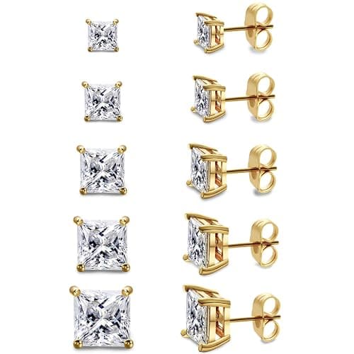 Gemsme 5 Pairs Princess Cut Cubic Zirconia Stud Earrings for Women/Men - 18K Gold Plated Hypoallergenic 3-7mm Square Clear CZ Earring Set - Image 1