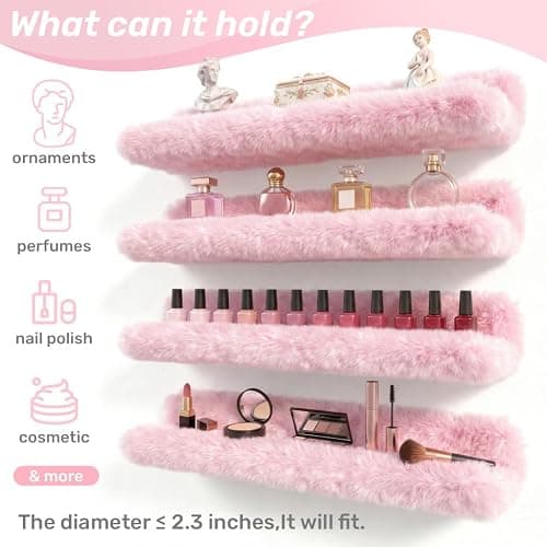 Care&More YJ 15 Inch Nail Polish Shelves, 4-Pack Fuzzy Display Nail Polish Rack for Storing Nail Bottles, Sunglasses, Essential Oils, Plush Soft Pink thumbnail 7