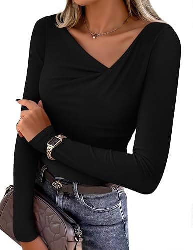 ZESICA Women's Long Sleeve Asymmetrical Neck Ruched Slim Fit Shirts 2025 Fall Fashion Casual Tee Going Out Tops - Image 1