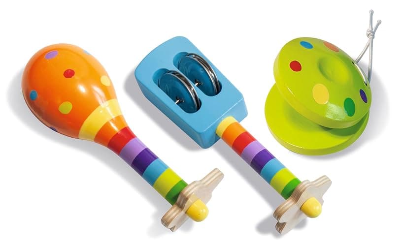 Eichhorn 100003484 Musik Set enthält Rassel, Maracas und Kastagnette, Bunte Musikinstrumente aus Holz, 3 teilig, ab einem Jahr thumbnail 6