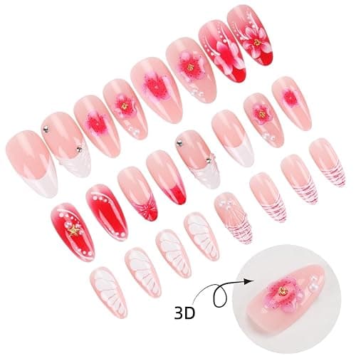 24Pcs Pink Press on Nails Medium Almond Fake Nails with 3D Flower Designs Stick on Nails Pink Gradient False Nails Spring Summer Floral Acrylic Nails Starfish Reusable Glossy Acrylic Nails for Women thumbnail 4