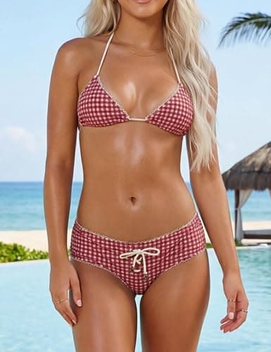 Sunloudy Women's Bikini Shorts Sets Halter Triangle Top Micro Boyshorts | Gingham Swimsuit with Shorts,Polka Dots Boyshort Bikini Set,2 Piece Cheeky Boyshort Swimsuits, Y2K Bikini Pool Beachwear thumbnail 5