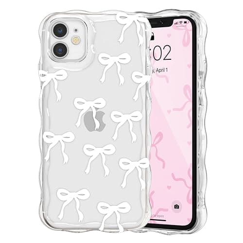 QLTYPRI Bow Case for iPhone 12, Cute Ribbon Bows Wavy Curly Frame Clear Phone Case for Girls Women, Aesthetic Bowknot Transparent Soft Silicone TPU Bumper Shockproof Protective Cover - White - Image 1