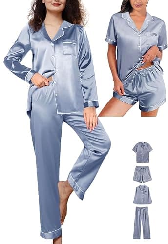 WJing Yi Jia 4Pcs Womens Silk Satin Pajama Sets Floral Pajamas Silky Pj Sets XS-2XL Button Down Pjs Set Loungewear Sleepwear - Image 1