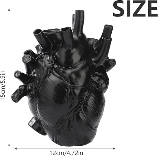 BestAlice Anatomical Heart Vase, Black Heart Shaped Vase for Flowers, Creative Heart-Shaped Sculpture Vase Heart-Shaped Art Resin Vase Desktop Ornament, Gift vases for Living Room Decorations, Black thumbnail 2