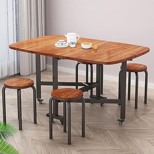 Rukulin Multifunction Table Drop Leaf Dining Table - 47" Wooden Foldable Kitchen Table with 6 Wheels (Brown) thumbnail 8