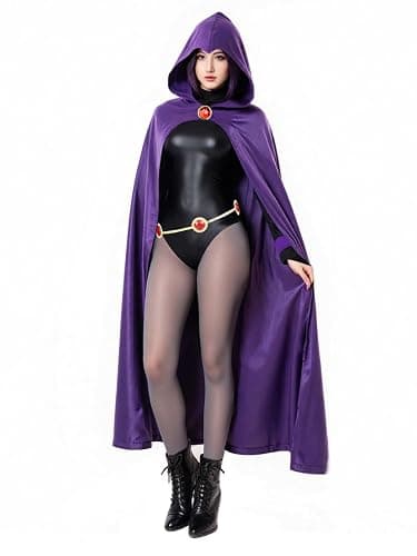 NDJLNZ 6PCS Raven Cosplay Costume Women's Halloween Raven Cosplay with Cape Belt Jumpsuit Tights Purple Uniform Suit thumbnail 3