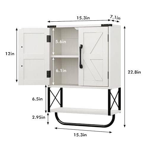 RUSTOWN Farmhouse Rustic Medicine Cabinet with Two Barn Door,Wood Wall Mounted Storage Cabinet with Adjustable Shelf and Towel Bar, 3-Tier Cabinet for Bathroom, Living Room(Vintage White) thumbnail 3