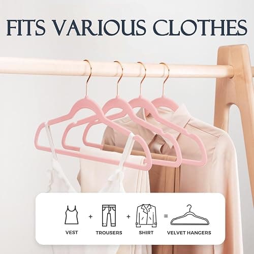 HOUSE DAY Pink Velvet Hangers 100 Pack, Premium Non-Slip Felt Clothes Hangers, Sturdy Heavy Duty Coat, Durable Hanger for Suits, Space Saving with No Hanger Mark, 360° Swivel Rotating Rose Gold Hook thumbnail 4