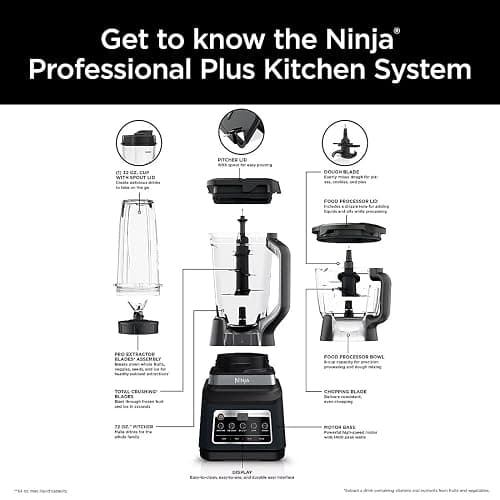 Ninja BN805A Pro Plus Kitchen System, 1400W, 5-in-1: Smoothies, Chop, Dough, Auto IQ, 72oz Blender Pitcher, 64oz Processor Bowl, 2x32oz Cups, Black thumbnail 8
