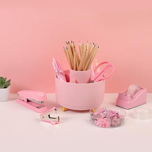 SKYDUE Pink Office Supplies Set, Pencil Holder for Desk,Gel Pen, Stapler, Tape Dispenser, Scissors,Clips and 1000pcs Staples, Office Decor for Women, Pink Desk Accessories thumbnail 7