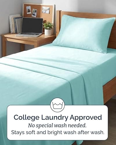 Twin XL 3 Piece Sheet Set - College Dorm Room Essentials - Spa Blue | Deep Pocket Bed Sheets for Women, Men, Teens & Students, Soft, Cooling, Breathable & Wrinkle Free, Oeko-Tex Bed Sheet Set thumbnail 6