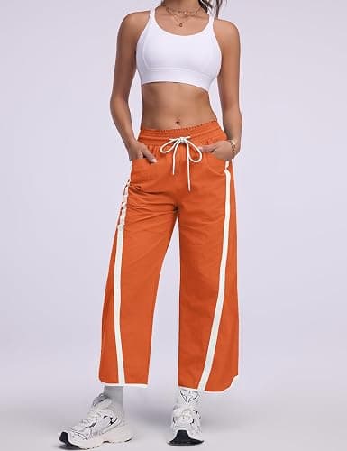LOMON Womens Baggy Wide Leg Pants 2026 Lightweight Drawstring Contrast Color Elastic Waisted Y2K Track Pants with Pockets thumbnail 3