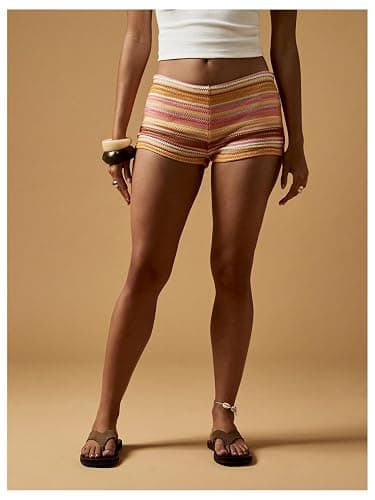 SOLY HUX Women's Knit Striped Micro Shorts Y2k Crochet Beach Mini Shorts | Cover Up Shorts, Color Block, Elastic Waist, Low Rise, Cute, Summer, Festival thumbnail 3