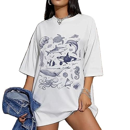 Oversized Graphic Shirt for Teens Girl Y2K Ocean Floral Short Sleeve Baggy Tee Shirts Vintage Aesthetic Coastal Tops
