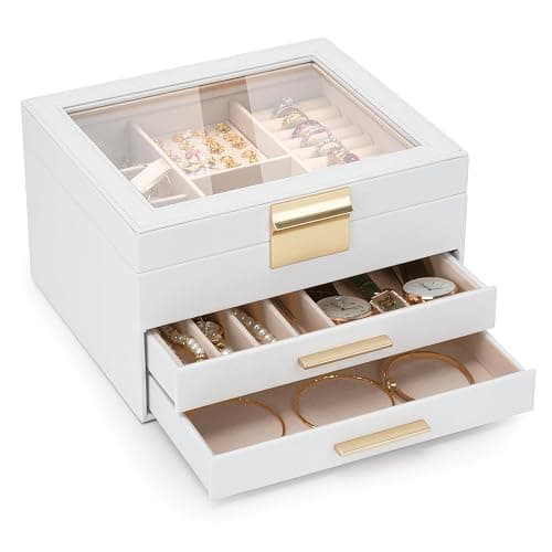 JBAOWEI 3-Layer Jewelry Box for Women, Jewelry Organizer with Glass Lid and Drawers, Jewelry Organizers and Storage for Necklaces, Rings, Earrings, Bracelets - White/Green/Black. - Image 1