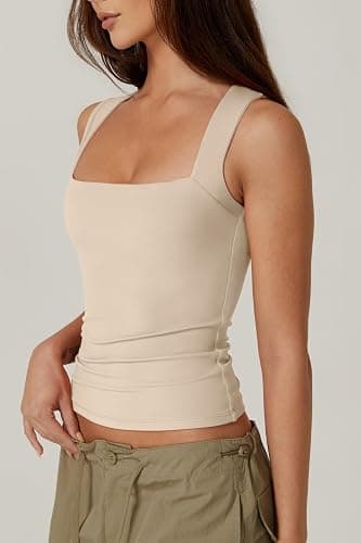 QINSEN Women's Square Neck Sleeveless Double-Layer Tank Tops Basic Tight T Shirts thumbnail 2