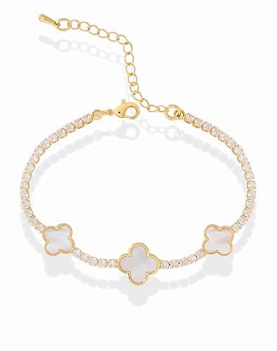 MUSEQVE Four Leaf Clover Bracelet for Women 14K Gold Plated White Mother of Pearl Onyx Black Clover Charm Tennis Bracelet Adjustable Chain Lucky Jewelry Gifts [CVBR] - Image 1
