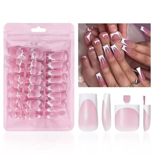 60Pcs White French Tip Press on Nails & Press on Toenails Set, Square Press on Nails Medium Fake Nails French False Toenails Full Cover Stick on Nails for Women Manicure Kit - Image 1
